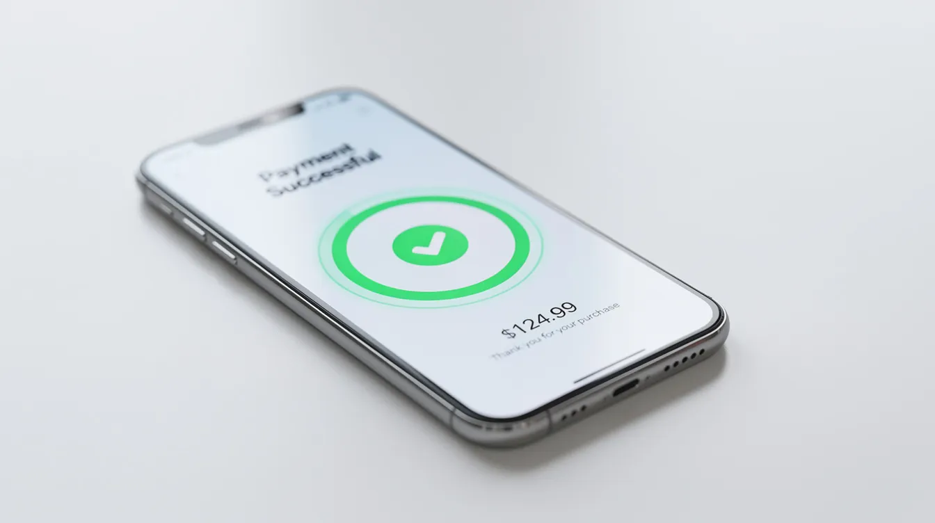 The image shows a smartphone screen displaying a digital payment confirmation, featuring a prominent green checkmark indicating successful processing. This visual represents the ease of accepting payments through various methods like Google Pay and Apple Pay, highlighting the importance of a reliable payment gateway provider for businesses.