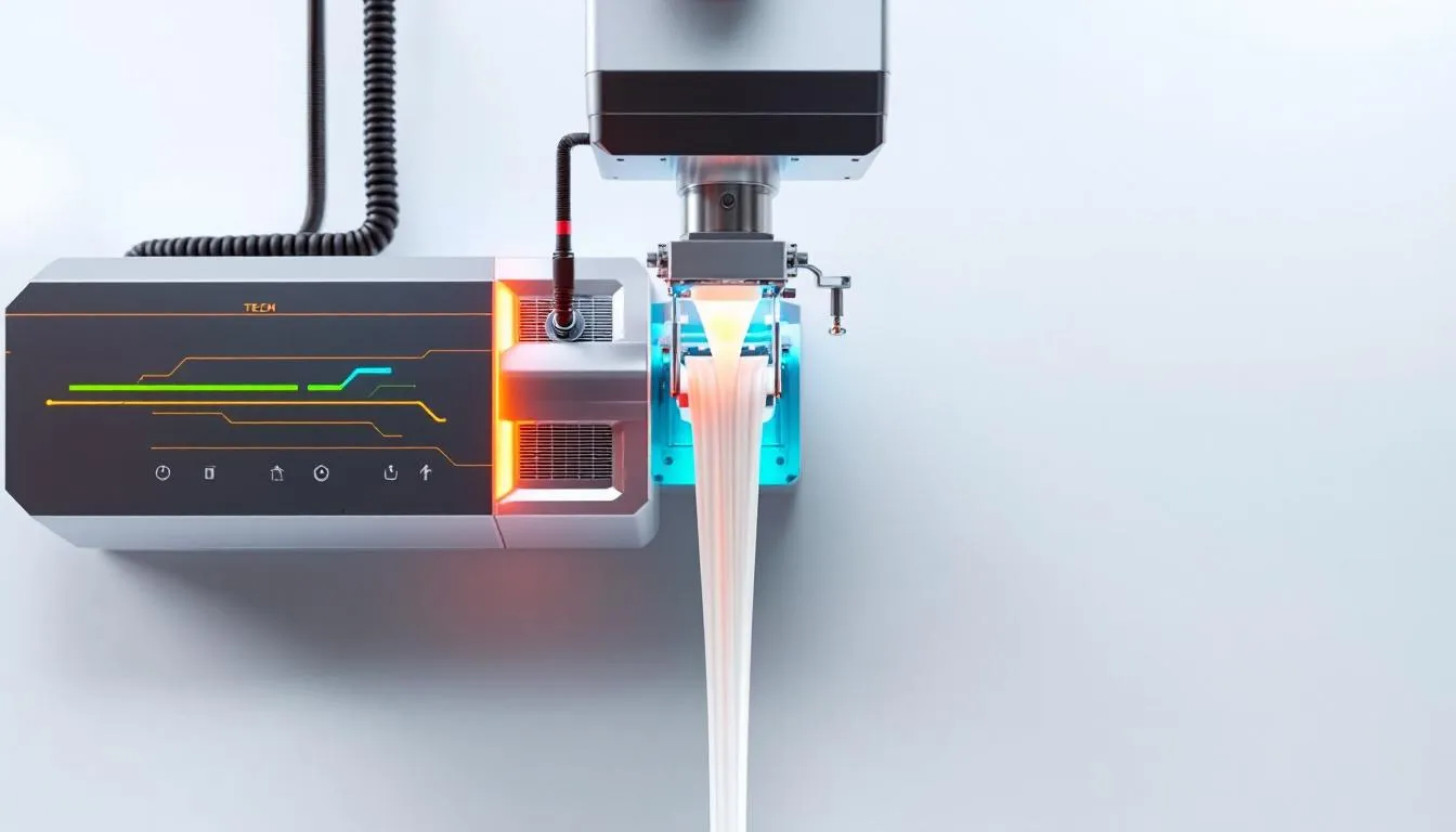 An overview of a small plastic extruder in operation.