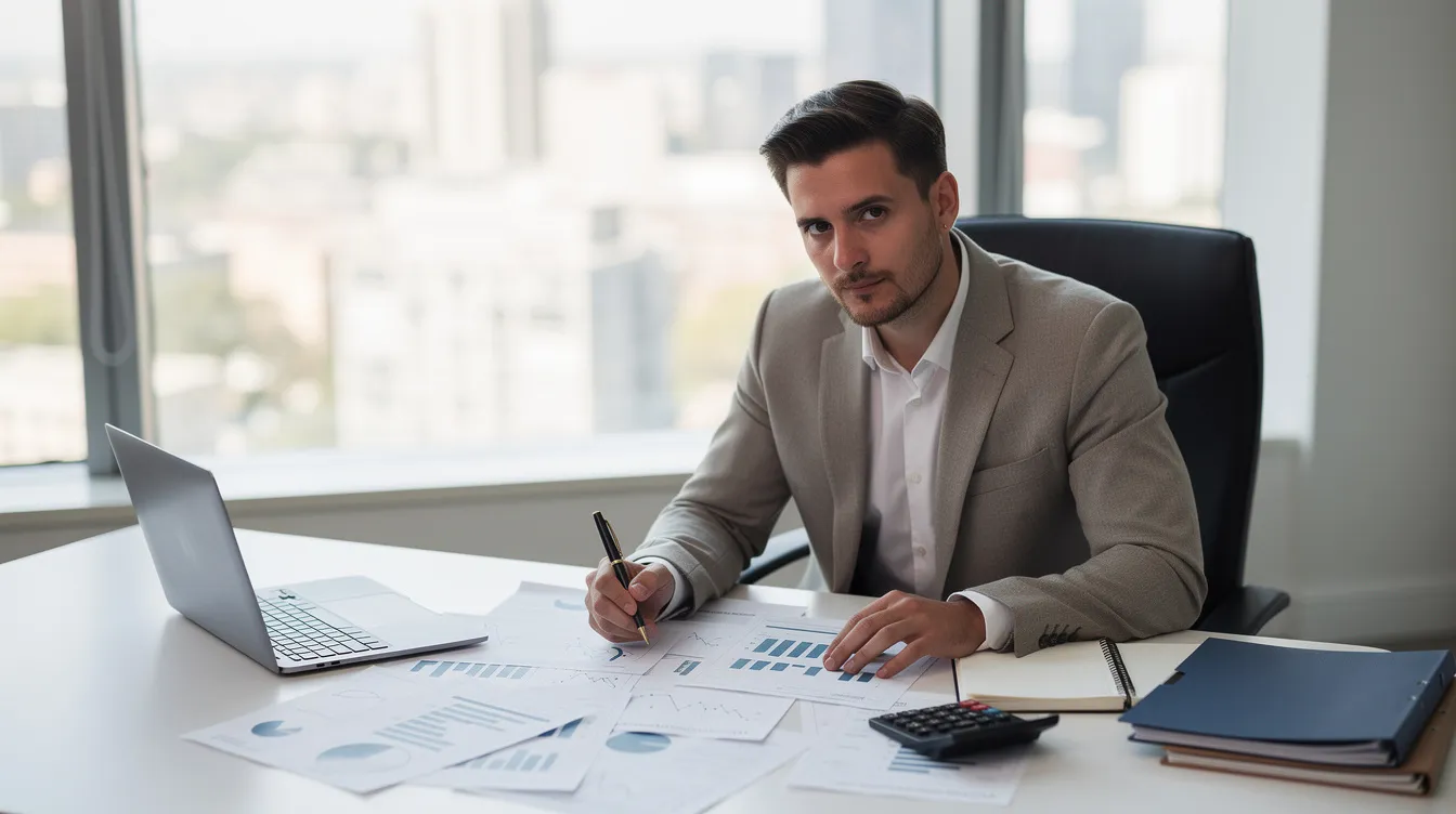edde0df3 bec6 4808 b310 f4c1339ed9f0 Na zdjęciu widoczny jest właściciel firmy siedzący przy biurku, analizujący dokumenty finansowe z laptopem i kalkulatorem. W tle można dostrzec różne materiały związane z rachunkiem przepływów pieniężnych oraz sprawozdaniami finansowymi, co sugeruje intensywną pracę nad analizą przepływów środków pieniężnych.