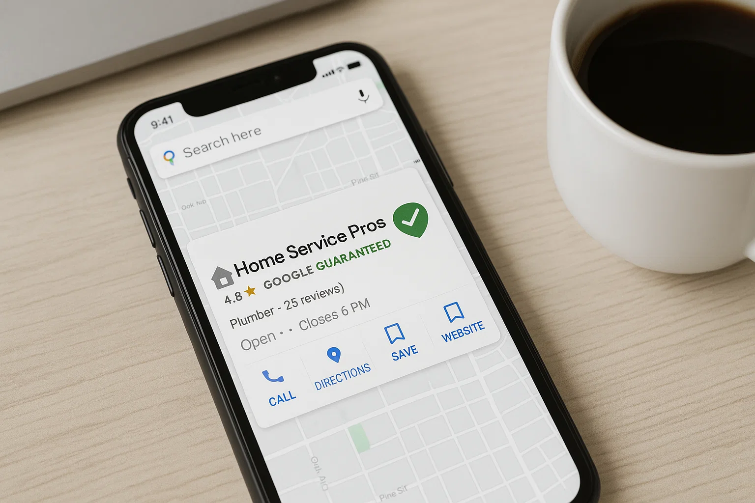 Smartphone displaying a verified Google Business Profile on Google Maps with the Google Guaranteed badge visible.
