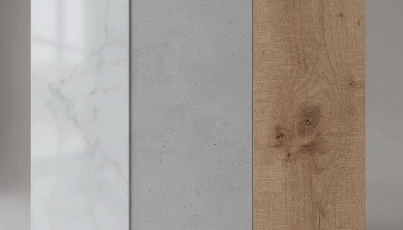 Close-up van drie verschillende wandpaneeltexturen: een marmerlook, een betonafwerking en een houtnerf. Deze texturen tonen de veelzijdigheid van wandbekleding, ideaal voor vochtige ruimtes zoals badkamers en keukens, en zijn onderhoudsvriendelijk met waterbestendige eigenschappen.