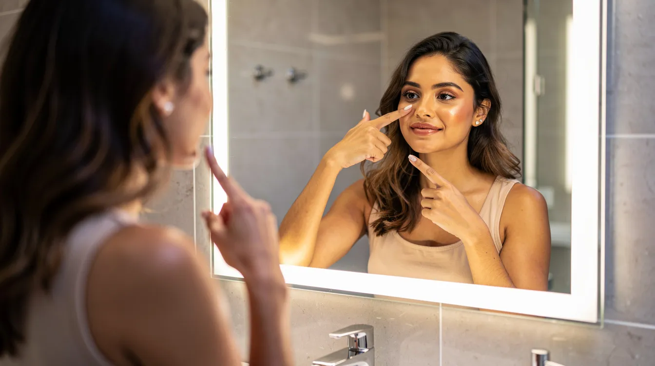 Una mujer joven con una expresión relajada se encuentra frente a un espejo de baño iluminado, señalando suavemente la zona bajo sus ojos, donde suelen aparecer las bolsas de los ojos. Esta imagen sugiere la búsqueda de soluciones para el tratamiento de ojeras y la hinchazón, destacando la importancia de cuidar la piel y los hábitos de descanso.