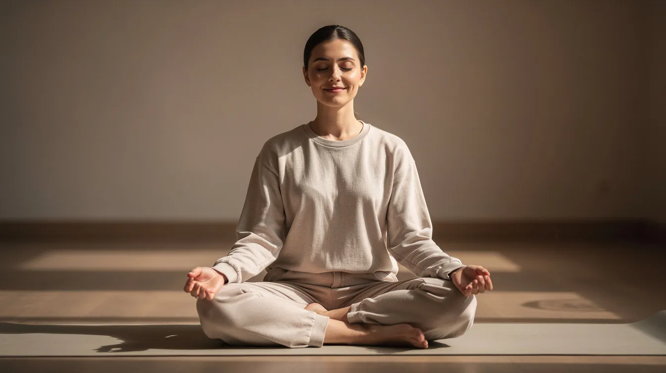A person sits peacefully in a meditation pose with closed eyes, embodying tranquility and focus, which can enhance mental clarity and relaxation. This serene moment emphasizes the importance of proper hydration, especially during and after a sauna session, to maintain electrolyte balance and support overall body function.