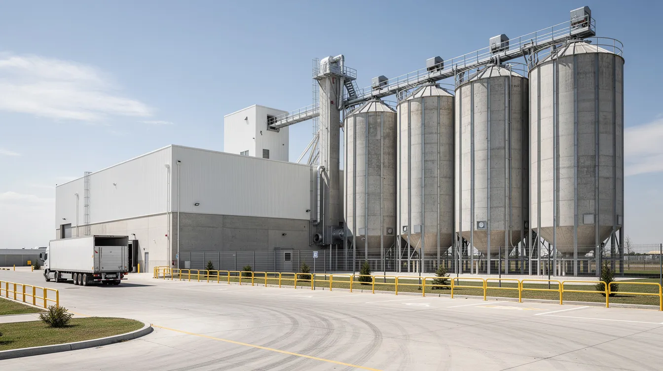 ede272c5 e54c 4244 a3b4 adbeee0ad0a0 The image depicts the exterior of a commercial flour mill, featuring large wheat storage silos and a truck loading area, indicative of the flour mill industry’s capacity for processing wheat grains. The factory building is designed for efficient flour extraction and storage, essential for meeting market demand for various flour types.