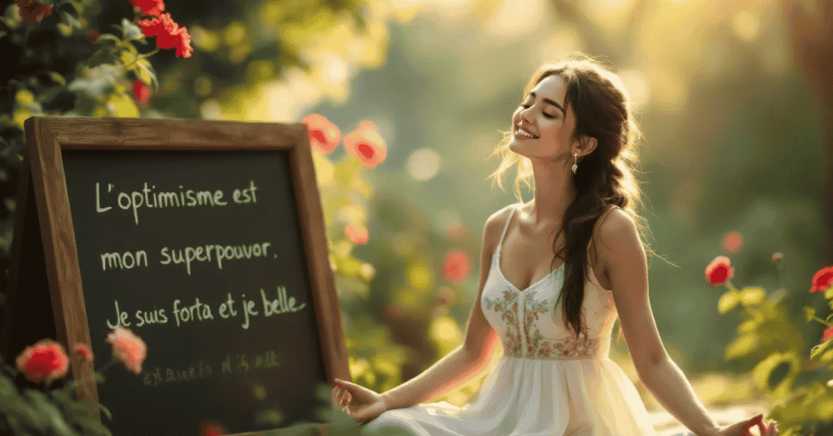 An attractive young lady is sitting in a serene environment, practicing positive thinking as she reflects on her mental health and emotional well-being. She appears calm and focused, embodying the idea of managing unwanted thoughts and maintaining a healthy mindset.