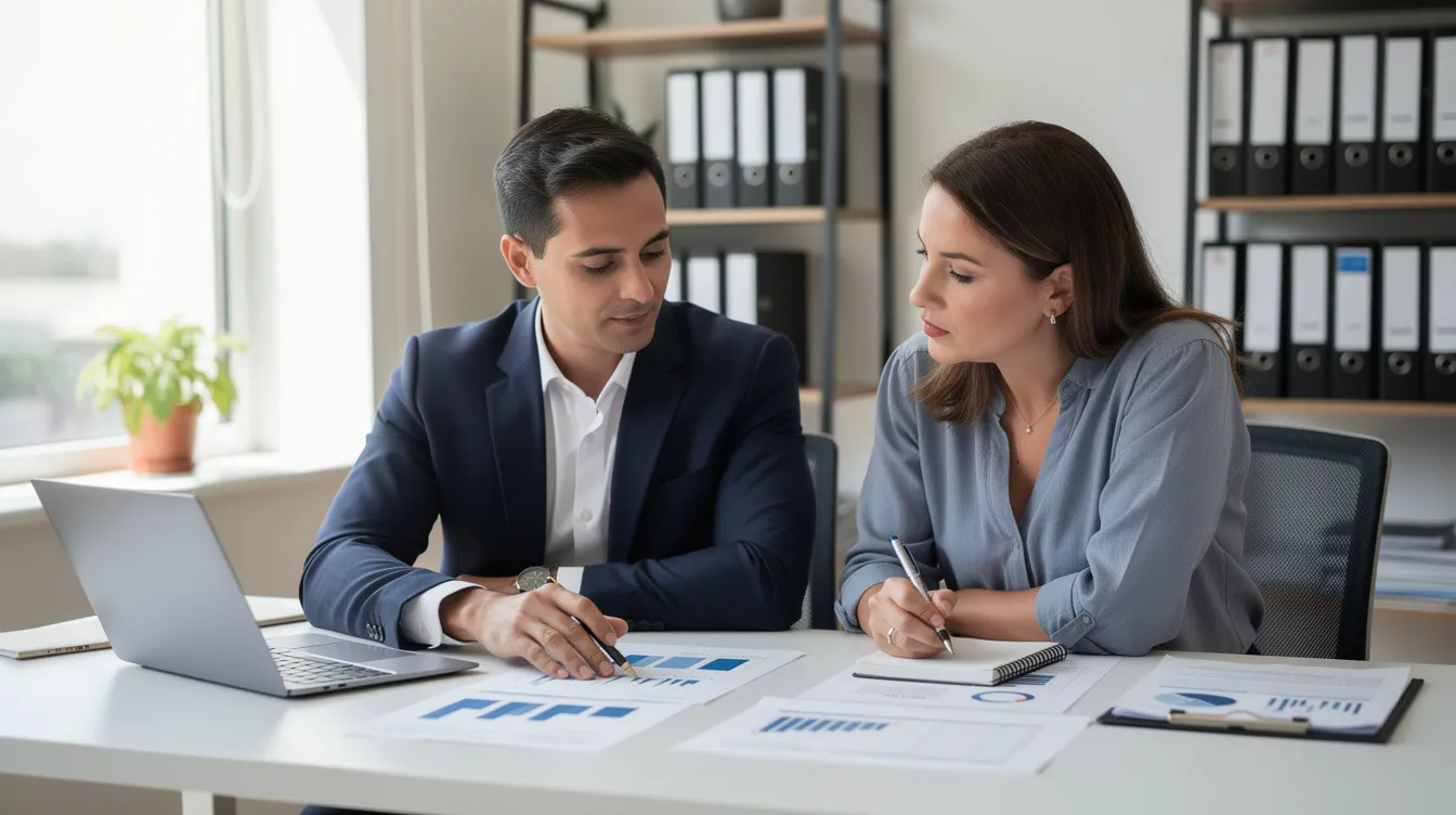 ede42159 5e9e 4803 aabf 77ee55fedb8c The image depicts a professional chartered accountant meticulously reviewing financial documents with a small business owner, emphasizing the importance of a satisfactory credit track record and the necessary skills for securing financial assistance, such as a Mudra loan for income-generating micro enterprises. The scene highlights the collaborative effort in preparing the required documents for the application process.