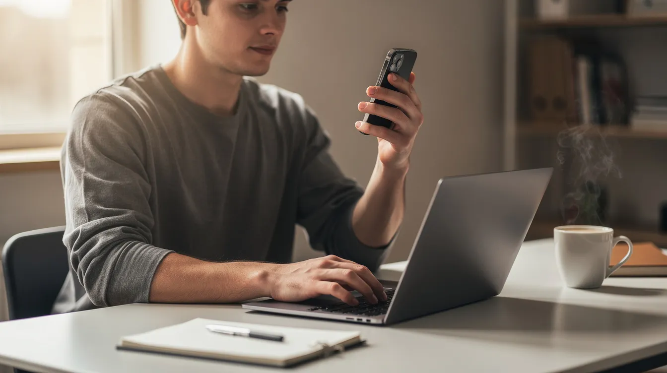 A person is sitting at a desk, multitasking by using a laptop and a smartphone, with a coffee cup placed nearby. The scene captures a modern workspace, reflecting the convenience of technology in daily life, which could be useful for making international calls from the Netherlands.