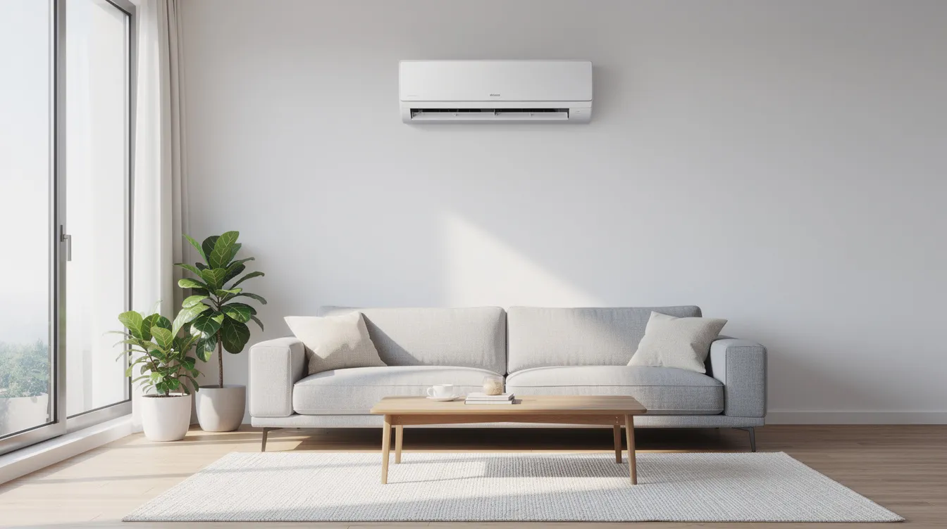 A modern wall-mounted inverter air conditioning unit is prominently displayed in a bright, contemporary living room featuring large windows that allow natural light to flood the space. The unit is designed for efficient cooling and energy savings, providing consistent temperatures and quieter operation while maintaining the desired temperature in the room.