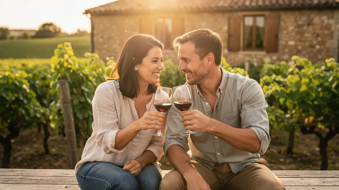 A smiling couple joyfully clinks their wine glasses on a vineyard patio, surrounded by lush grapevines and a rustic building in the background, capturing the essence of a beautiful vineyard wedding celebration. This intimate moment highlights the scenic views often sought after for the perfect day in a winery setting.