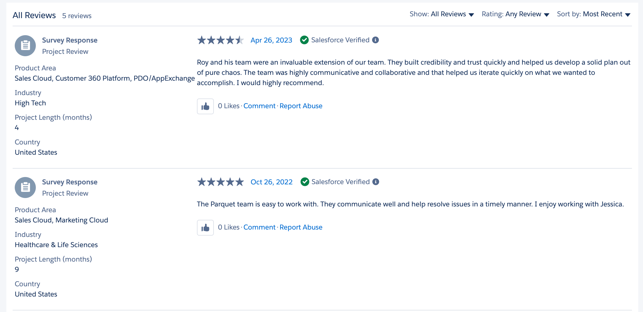 example of testimonials for a salesforce consulting company on the appexchange