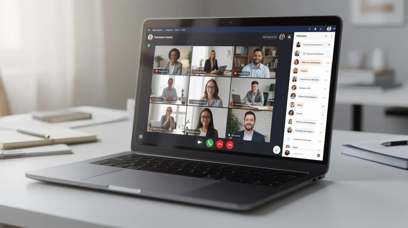Une équipe est réunie virtuellement sur un écran d'ordinateur, affichant une interface de visioconférence où les membres discutent de projets liés à la création de site internet. L'image illustre l'importance de la communication en ligne pour les agences web dans le développement de solutions adaptées aux besoins de leurs clients.