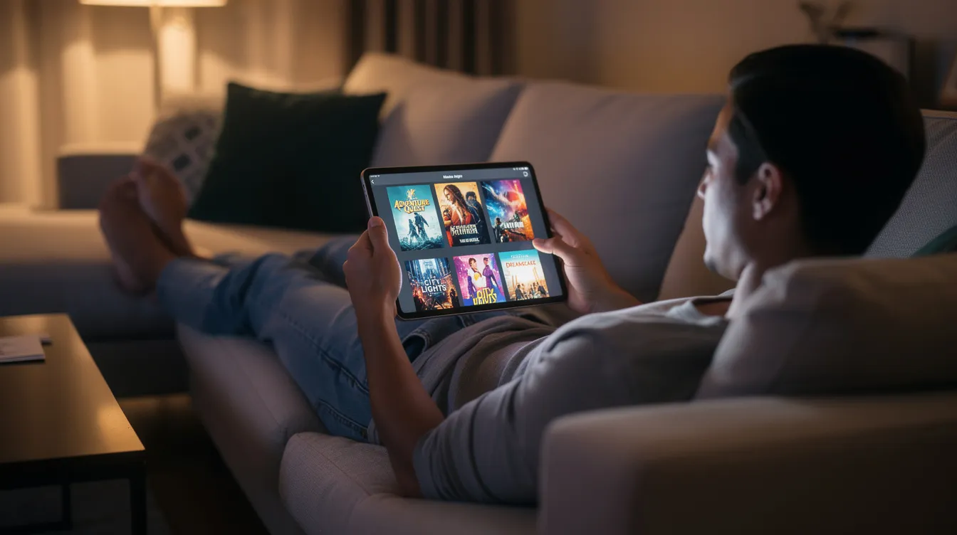 A person is comfortably lounging on a couch, browsing through a streaming app on their tablet, with various movie thumbnails displayed on the screen. This scene highlights the convenience of using IPTV services for on-demand content and premium entertainment.