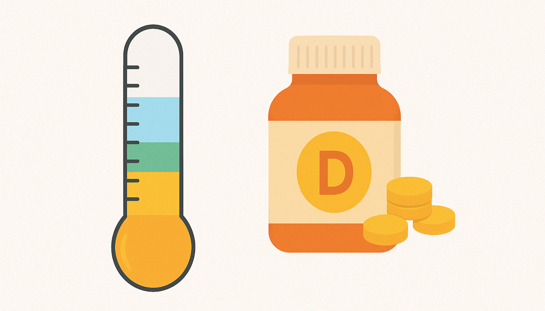 Vitamin D verdier – Hva er normalt og når bør du ta tilskudd? 14 Illustrasjon av et termometer og et kosttilskuddsglass med tabletter som symboliserer nivåer av vitamin D i kroppen.