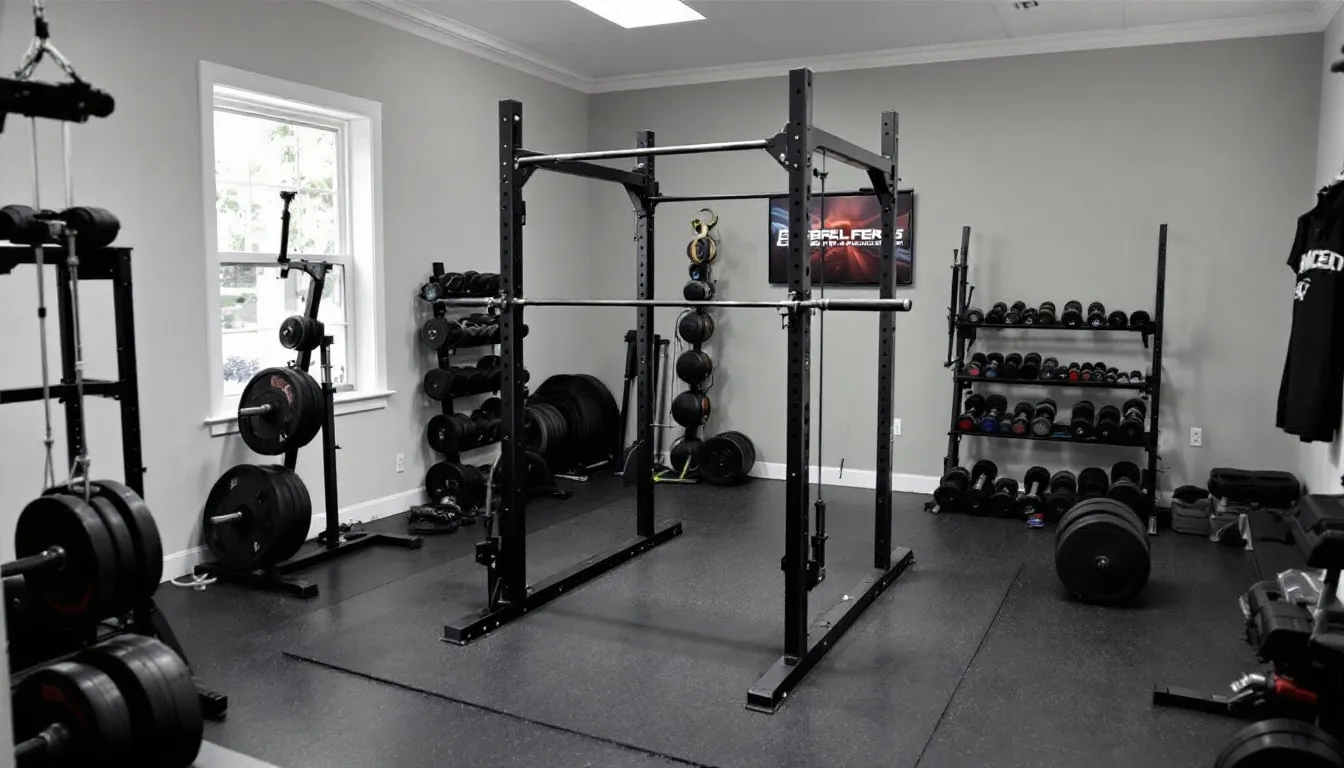 The image depicts a well-organized home gym setup featuring a power rack surrounded by ample space for safe movement, all situated on durable rubber flooring. This environment is ideal for various strength training exercises, including squats and bench presses, ensuring that fitness enthusiasts can pursue their workout needs effectively.