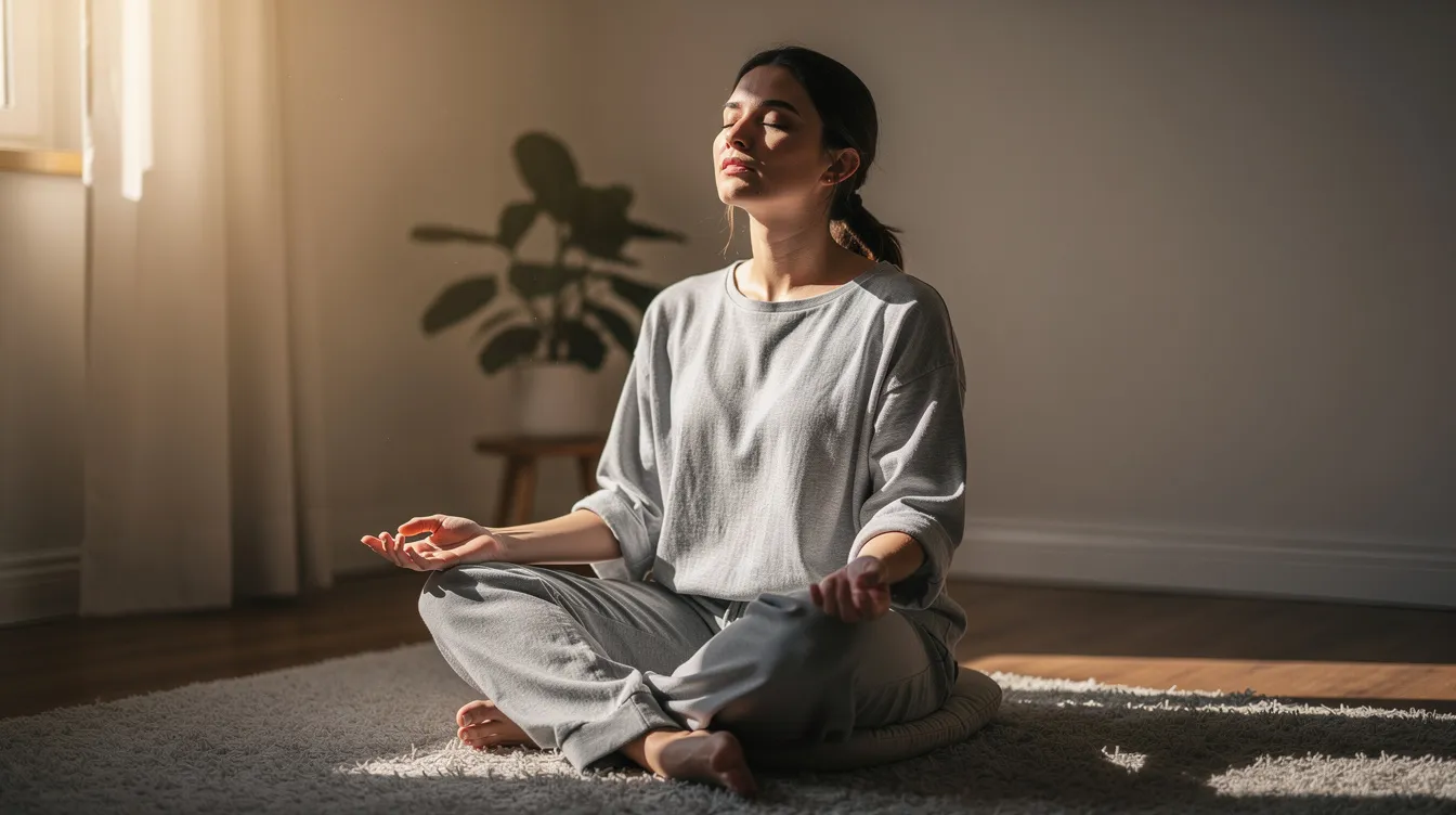 A person is seated in a sunlit room, practicing slow, deep breathing with their eyes closed and hands resting on their lap, embodying the principles of nervous system regulation. This moment exemplifies emotional stability and body awareness, essential for managing stress and enhancing overall well-being.