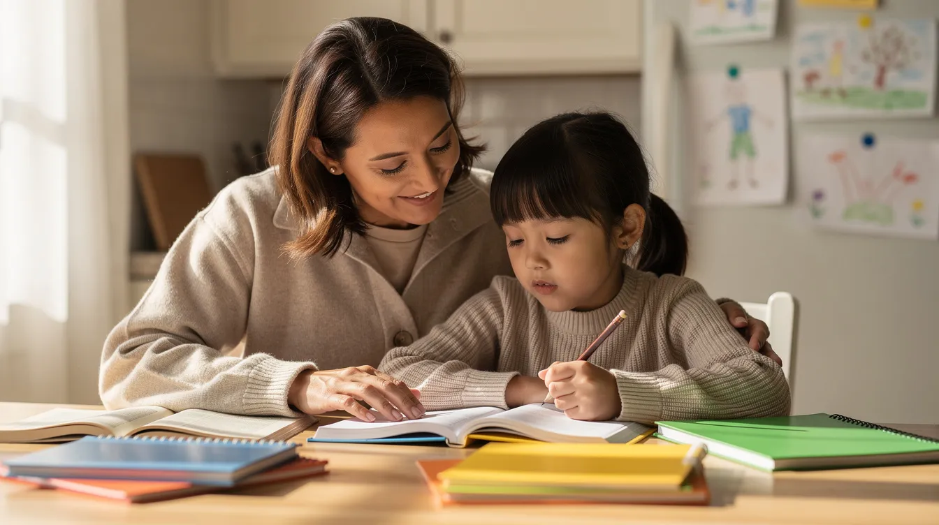 A parent and child are seated together at a table surrounded by books, with the child appearing calmer and engaged in their learning. This supportive environment fosters a positive relationship, helping the child cope with school-related anxiety and develop foundational skills for their academic performance.