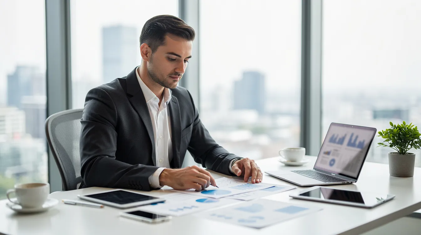 edf136e0 0a7c 4377 9817 ac28916fd513 A professional entrepreneur is seated at a modern desk, meticulously reviewing business plans and financial documents, showcasing a focus on developing profitable business ideas. The environment reflects a commitment to strategic planning for business growth and the exploration of various business ventures.