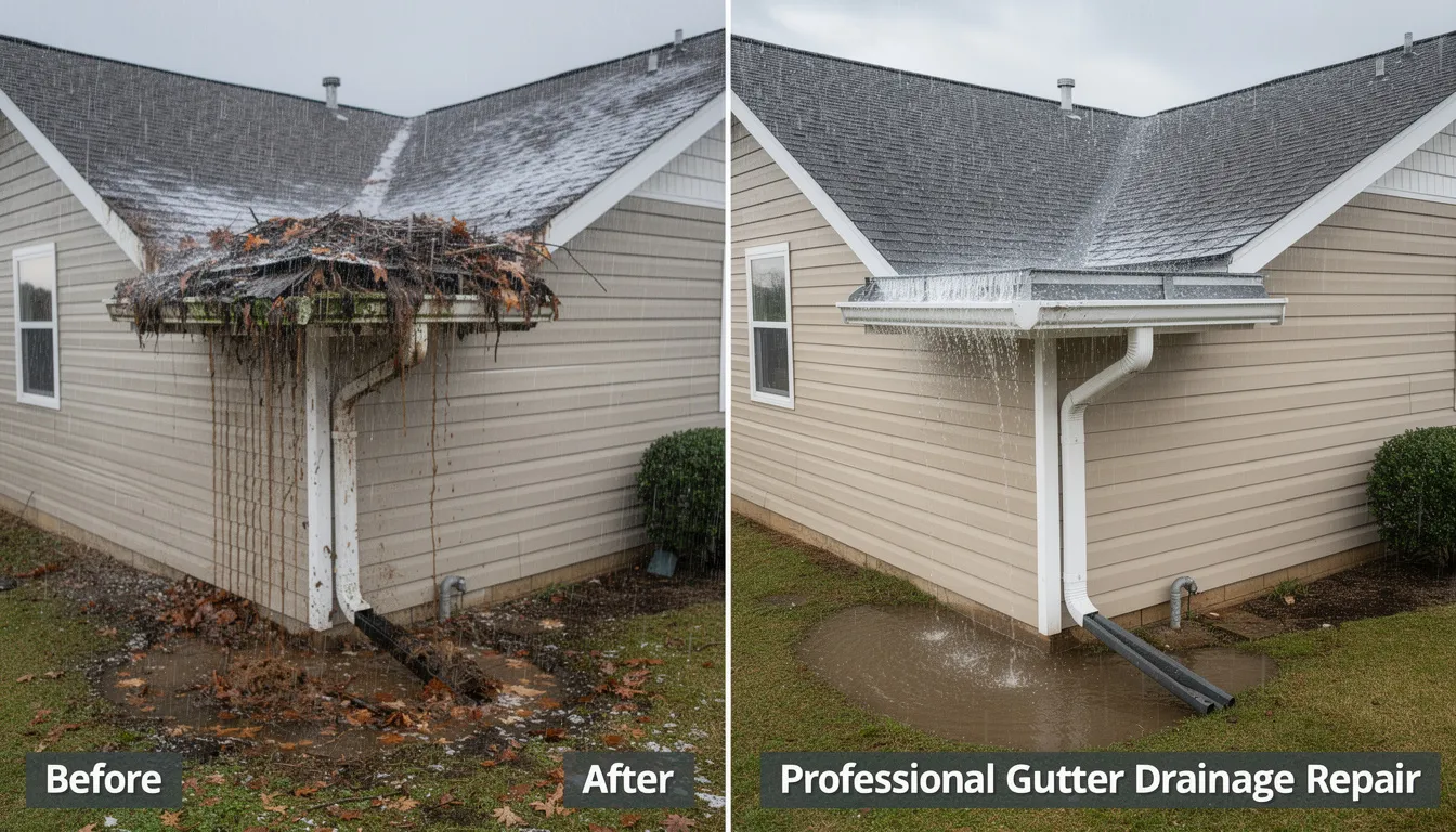 The image shows a before and after comparison of a gutter drainage repair project, highlighting the significant improvement in water flow following professional gutter services. The first part displays clogged gutters leading to water pooling, while the second part illustrates a well-maintained drainage system that effectively prevents leaks and potential water damage.