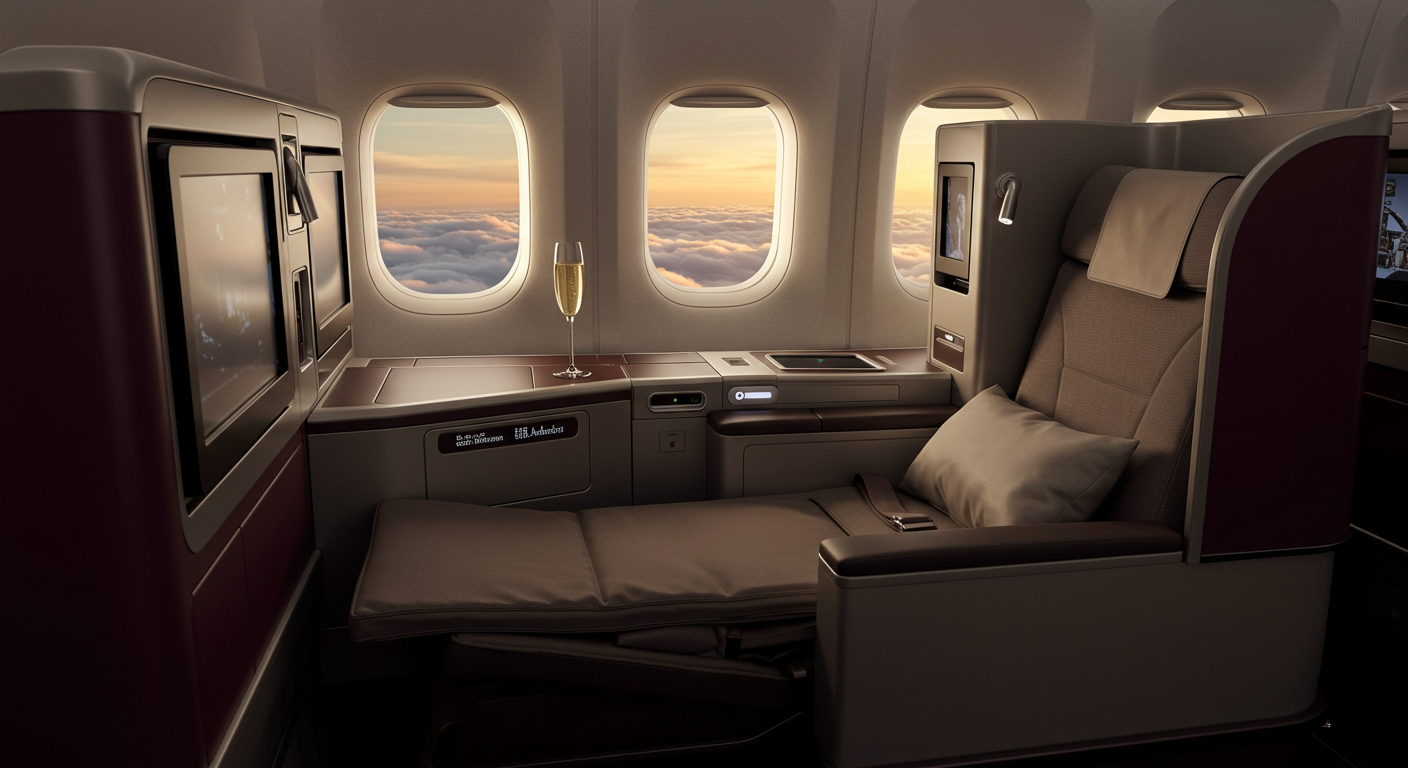 Luxurious Qatar Airways business class seat with a reclining bed, soft lighting, and a glass of champagne by the window overlooking sunset clouds.