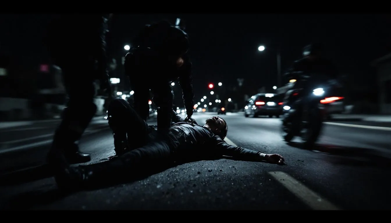 A blurred image showing a motorcyclist receiving medical attention after a motorcycle accident.