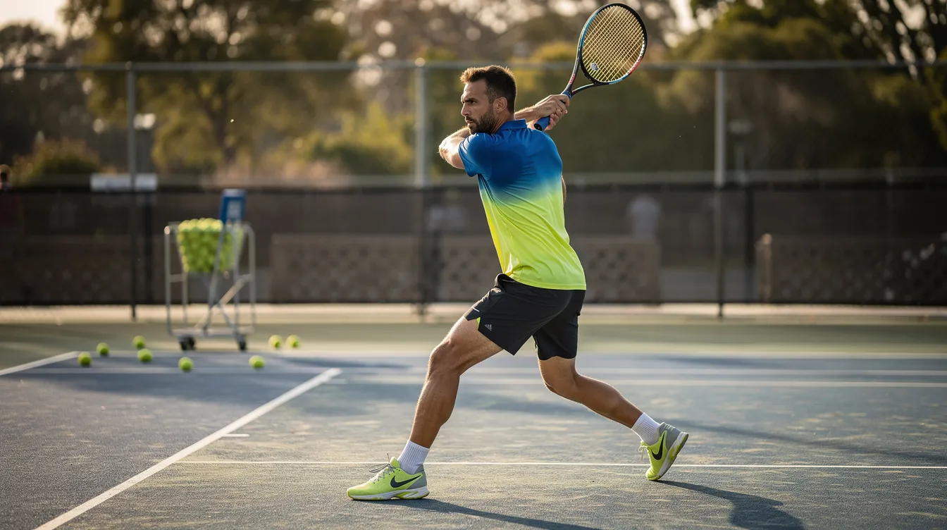 A tennis player is captured in a follow-through position after executing a powerful forehand, showcasing full hip and shoulder rotation. The stance emphasizes the correct swing path and racquet angle, demonstrating the importance of muscle memory and technique for achieving consistency in match play.