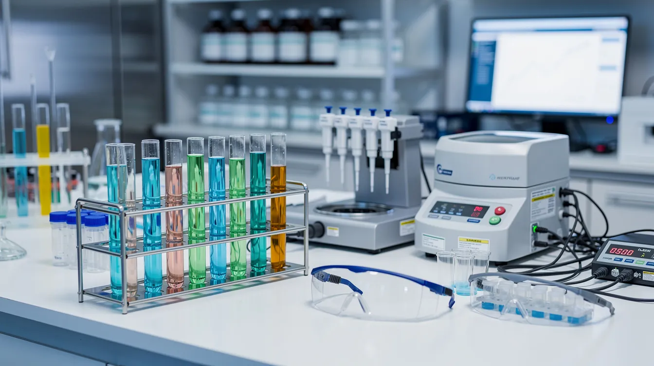 The image depicts a modern laboratory filled with various test tubes and scientific research equipment, emphasizing the importance of NAD supplements in promoting cellular health and energy production. This setting highlights the ongoing research into the therapeutic potential of NAD precursors, such as nicotinamide riboside, for healthy aging and overall health.