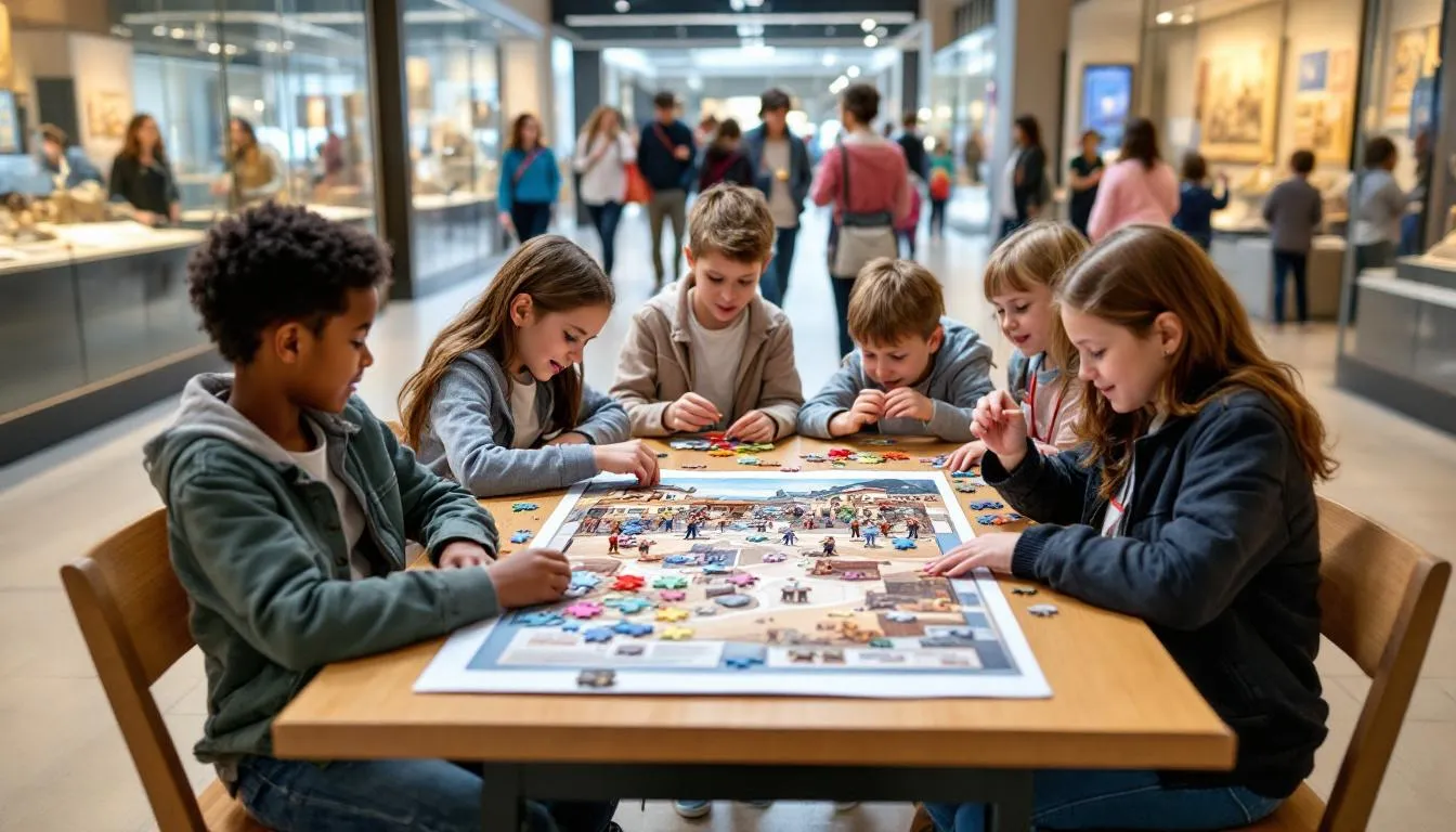 W muzeum dzieci rozwiązują zagadki podczas gry edukacyjnej, angażując się w świetną zabawę i odkrywając historię w ciekawej formie. Uczestnicy biorą udział w rozgrywce, która łączy elementy gier miejskich i wyzwań, tworząc niezapomnianą przygodę w przestrzeni muzealnej.