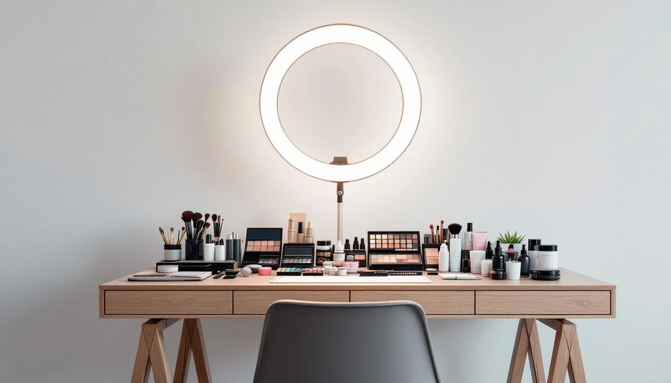 The image features a professional makeup station equipped with ring lighting, showcasing a well-organized array of beauty products and comfortable seating, ideal for a bride preparing for her special day. This setup reflects a unique style that enhances the atmosphere for weddings and events in Melbourne.