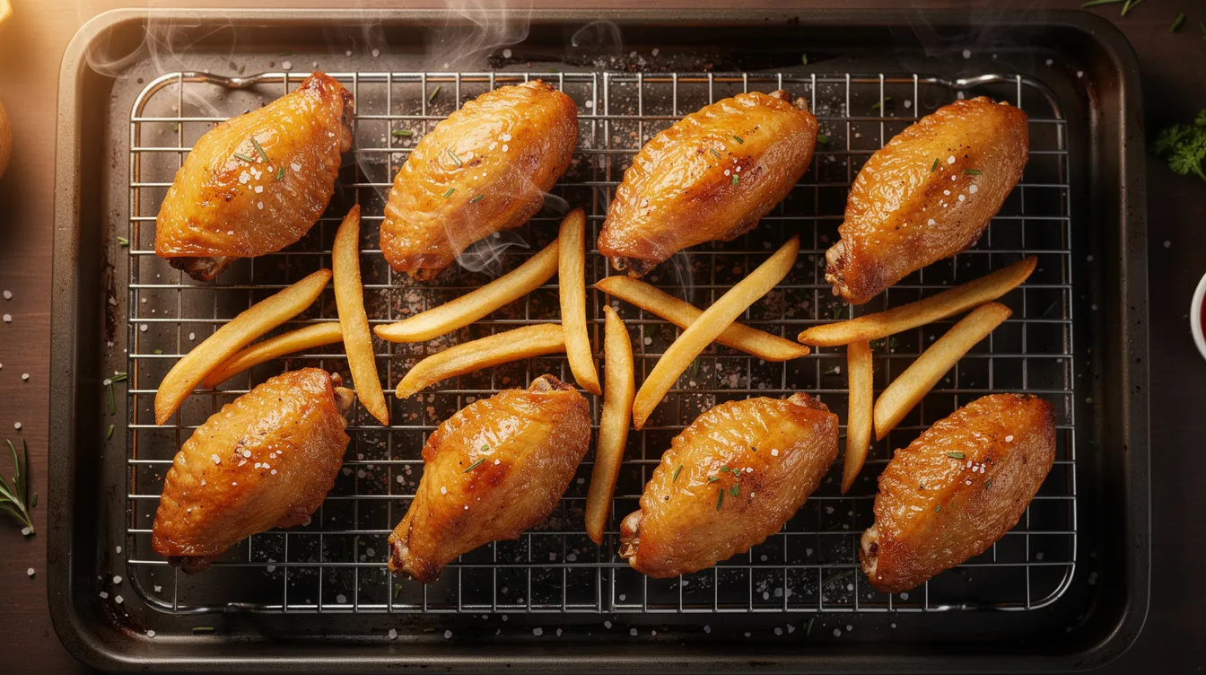 The image features golden crispy chicken wings and French fries beautifully arranged on a wire rack, showcasing the delicious results of air frying. This appetizing display highlights the perfect grilling and roasting achieved with the Nuwave Bravo air fryer, making it an enticing choice for owners and potential buyers alike.