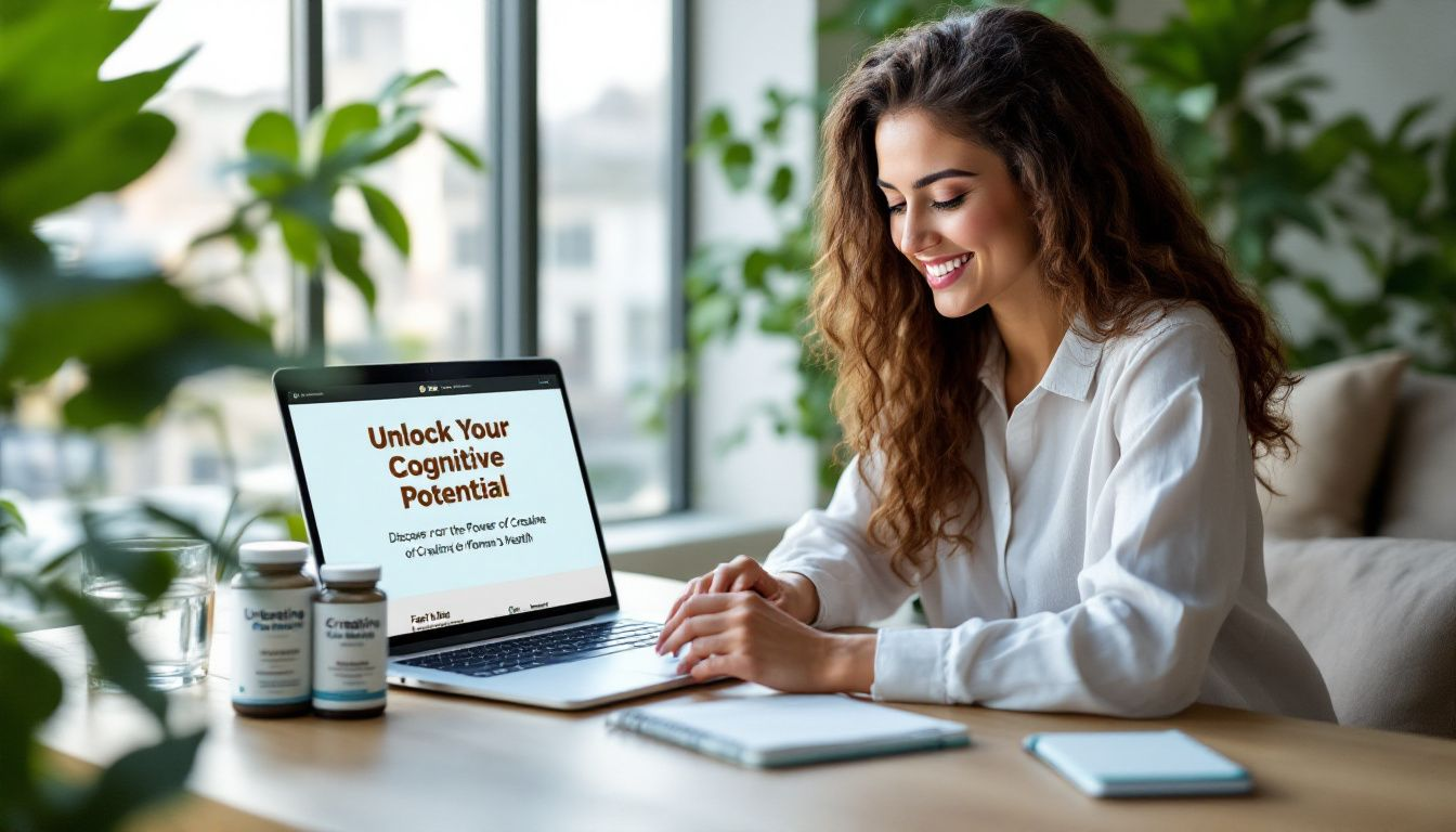 A woman studying with creatine supplements on her desk, highlighting the cognitive benefits of creatine.