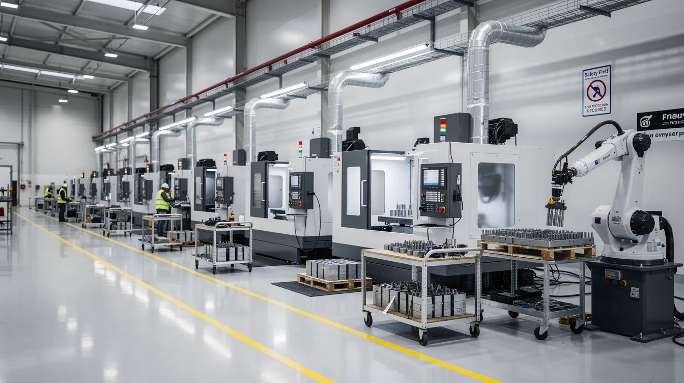 The image depicts the interior of a modern manufacturing plant filled with advanced CNC machines and various industrial equipment, showcasing a space designed for high-efficiency production. This environment represents a significant aspect of the global real estate market, highlighting investment opportunities for NRI investors in commercial properties and manufacturing sectors.