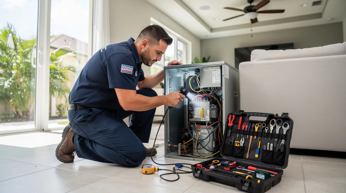 A professional HVAC technician in uniform is inspecting an indoor air handler unit in a Florida home, ensuring the air conditioning system operates efficiently to keep the space comfortable. The technician demonstrates expertise in HVAC systems, highlighting the importance of maintenance and repair for increased energy efficiency.