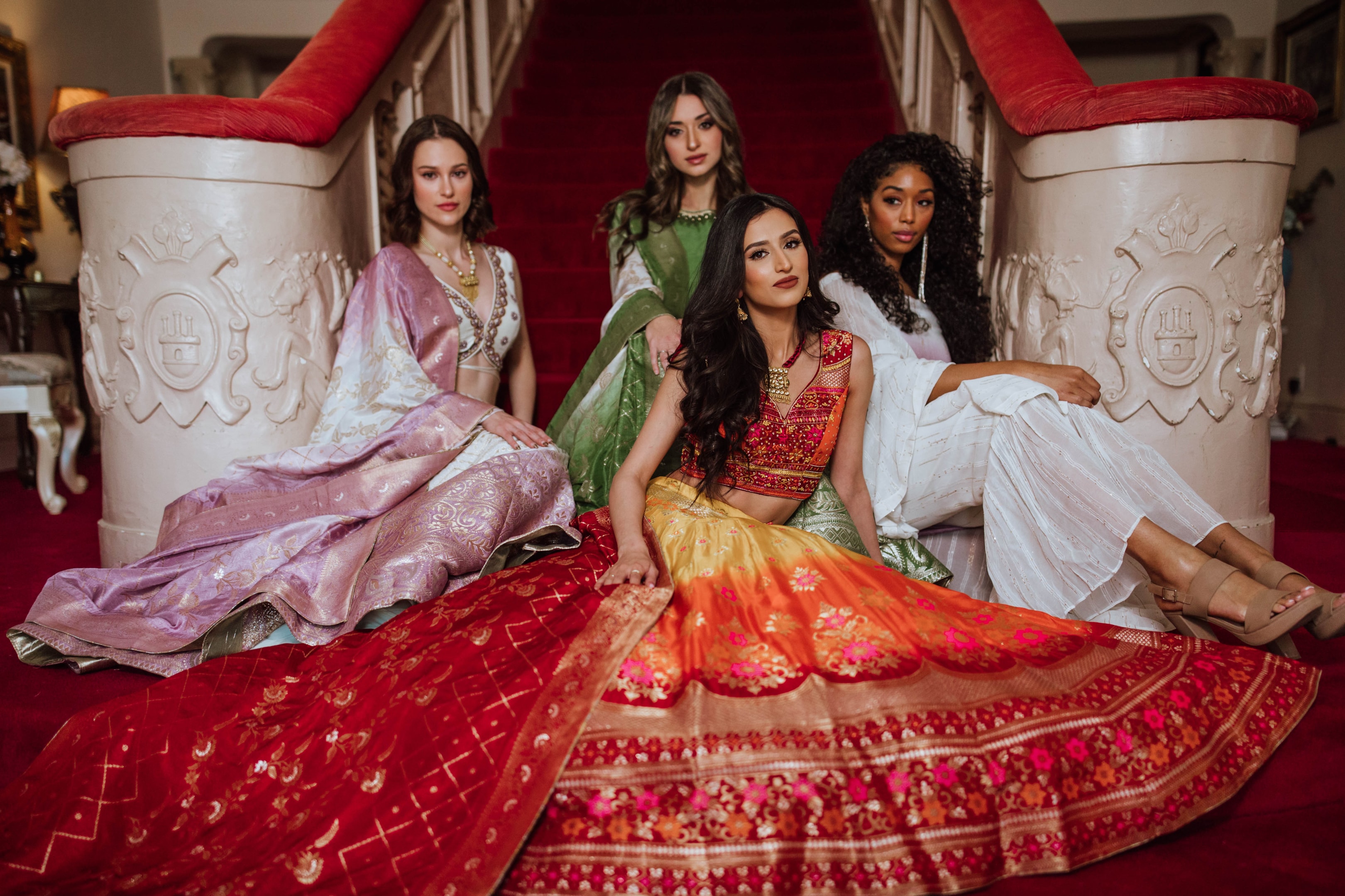 A collage of various Indian wedding dress codes for guests.