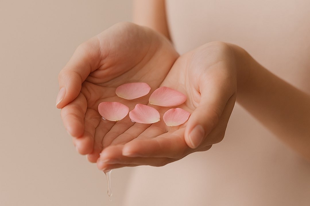 hands holding water with rose pedals