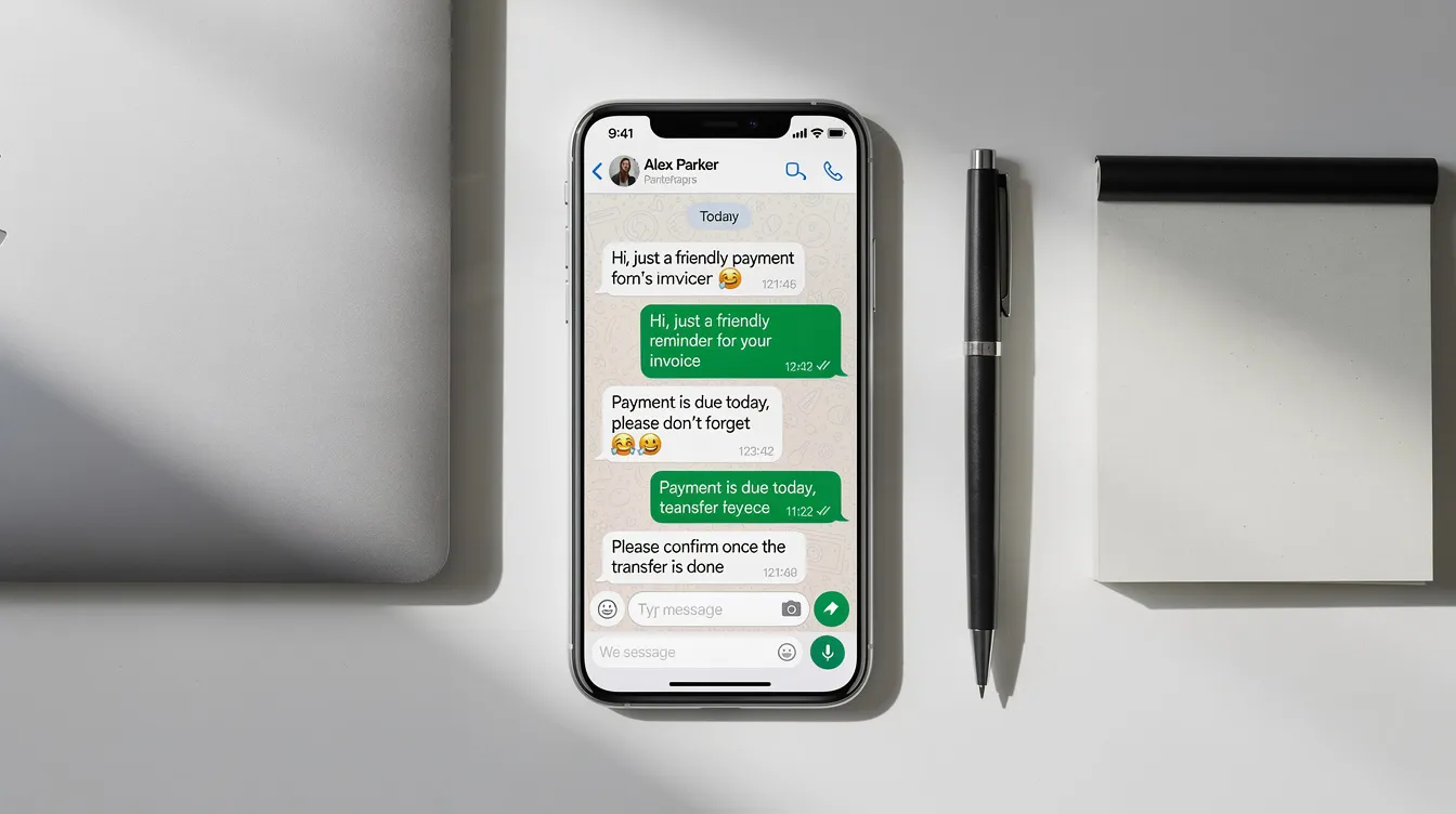 Una imagen de un smartphone que muestra una conversación de WhatsApp con mensajes de recordatorios de pago, colocado sobre un escritorio limpio. Esta representación ilustra la automatización de cobranzas con inteligencia artificial, destacando la importancia de la gestión de cobranzas y la comunicación con los clientes.