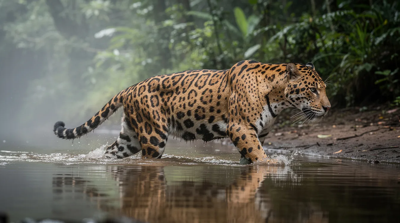 Ein Jaguar (Panthera onca) watet durch flaches Wasser, wobei sein massiger Körperbau und der breite Kopf deutlich sichtbar sind. Das auffällige Fellmuster mit großen Rosetten und die kräftigen Beine unterstreichen die Stärke dieser Großkatze, die in den Regenwäldern Südamerikas beheimatet ist.