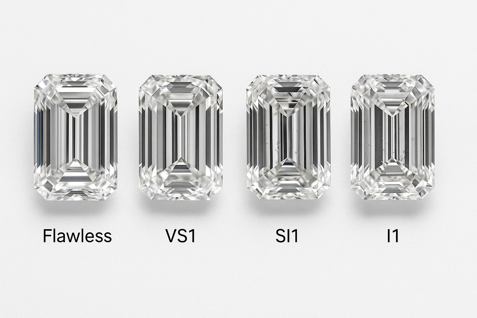 Keturi emerald cut deimantai ant balto fono, pažymėti skaidrumo klasėmis: Flawless, VS1, SI1 ir I1, aiškiai matomi skirtumai tarp švarumo lygių.