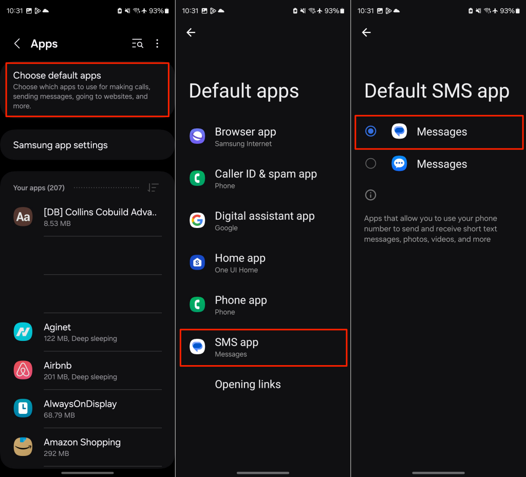 Steps to set default SMS app on Samsung devices