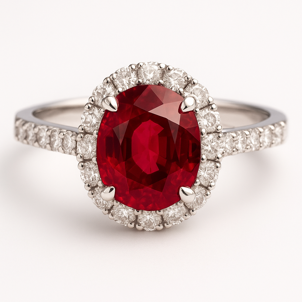Žiedas su rubinu ir deimantais halo dizaino baltame fone