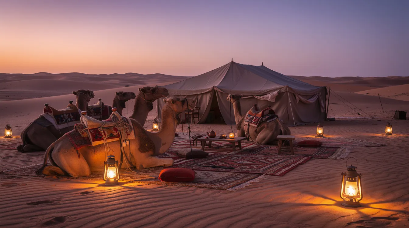 A serene Sahara desert camp at dusk features camels resting near glowing lanterns, creating a warm atmosphere. This picturesque scene captures the essence of Moroccan culture, inviting visitors to experience the tranquil beauty of Morocco during Ramadan.