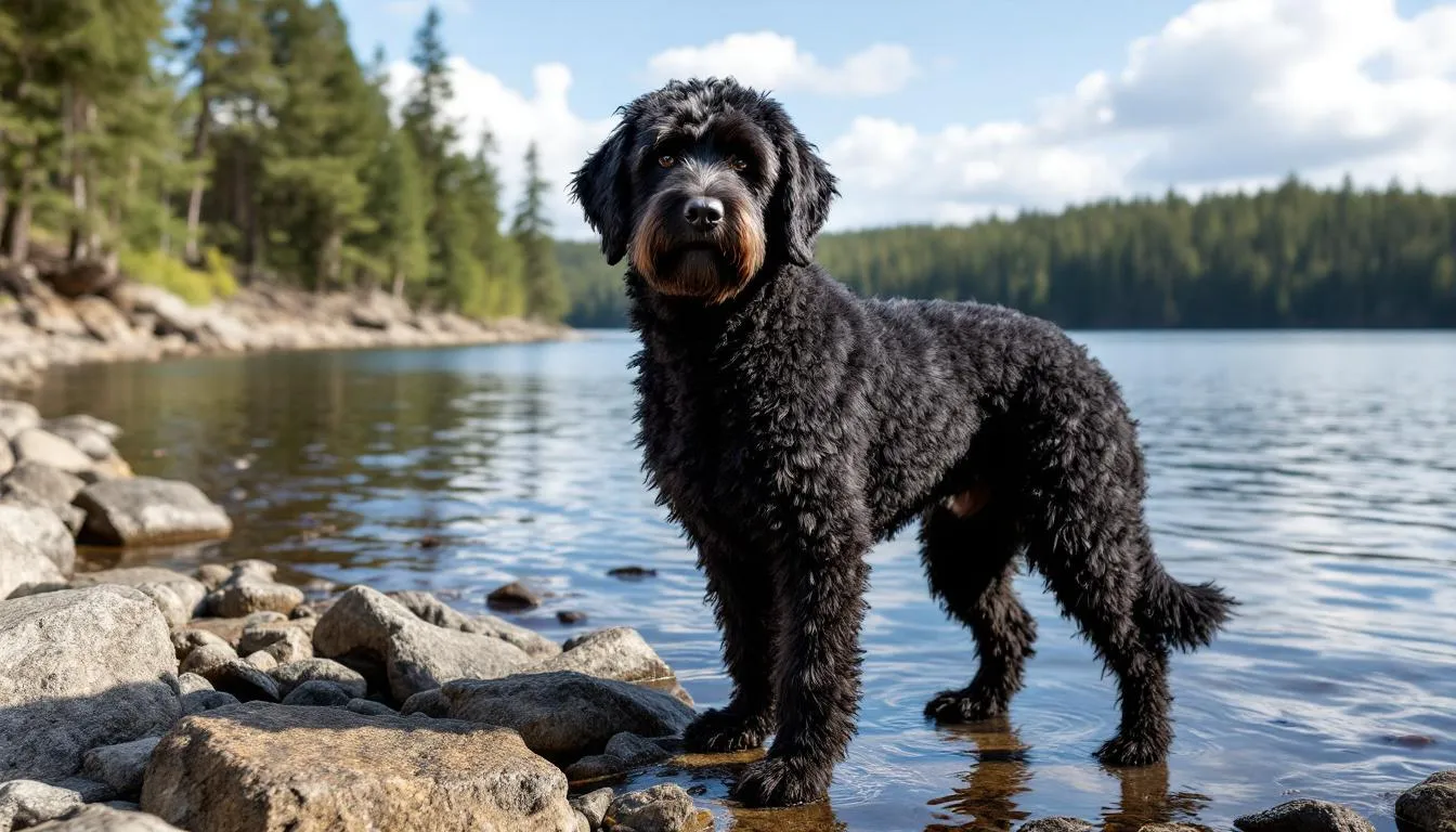 A Portuguese Water Dog with a curly black coat stands gracefully by the water, showcasing its hypoallergenic qualities and minimal shedding. This energetic breed is known for its luxurious coat and suitability for allergy sufferers, making it a popular choice among pet parents.