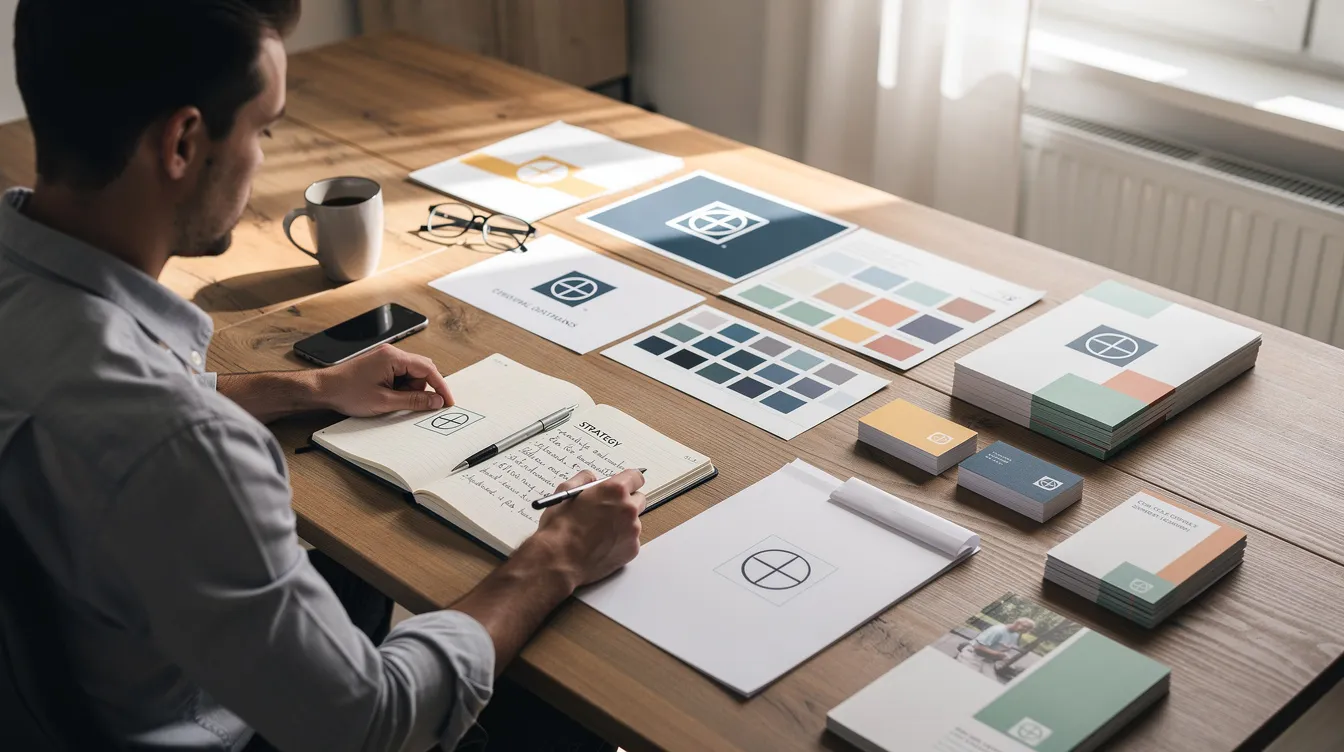 The image shows an entrepreneur focused on their laptop, surrounded by branding materials and a notebook on their desk, symbolizing the important process of trademark registration and the need for a comprehensive trademark search to protect their brand. Various documents and tools hint at the registration process and the significance of assessing potential conflicts with existing trademarks.