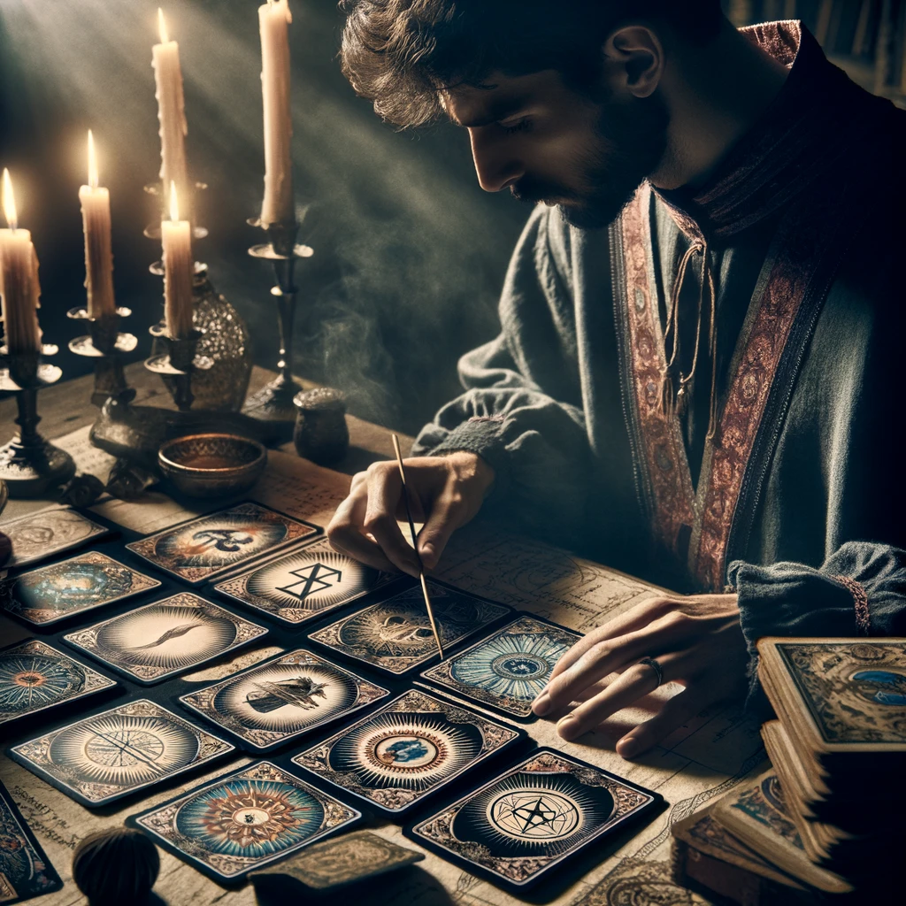 A mystic arranging ornate cards on a table