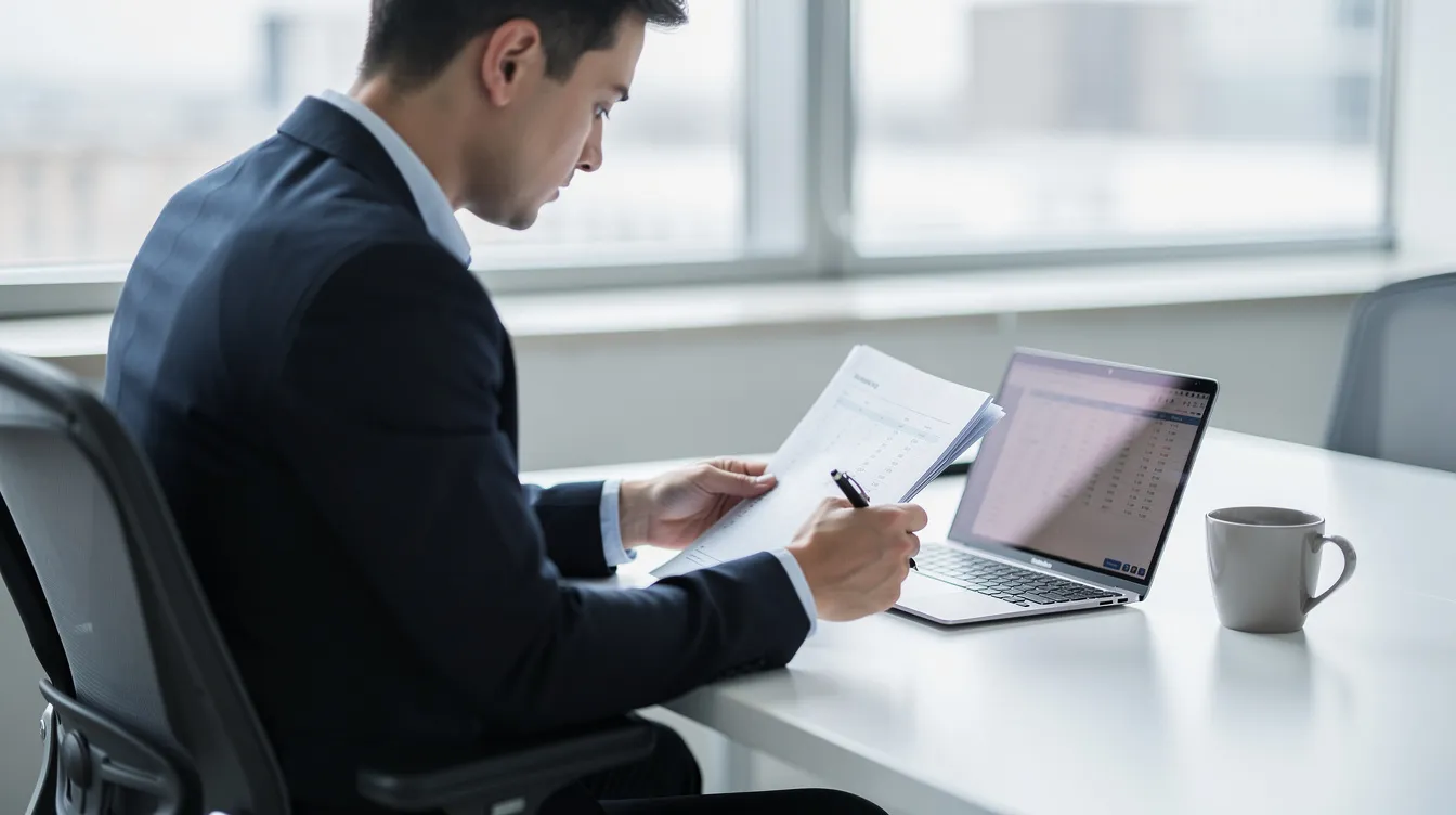 A financial advisor in business attire is seated at a clean, modern desk, reviewing documents alongside a laptop and a coffee mug, focusing on creating personalized plans to help clients achieve their financial goals. The scene reflects a professional environment where informed decisions about asset allocation and investment strategies are made for the benefit of families and employees alike.