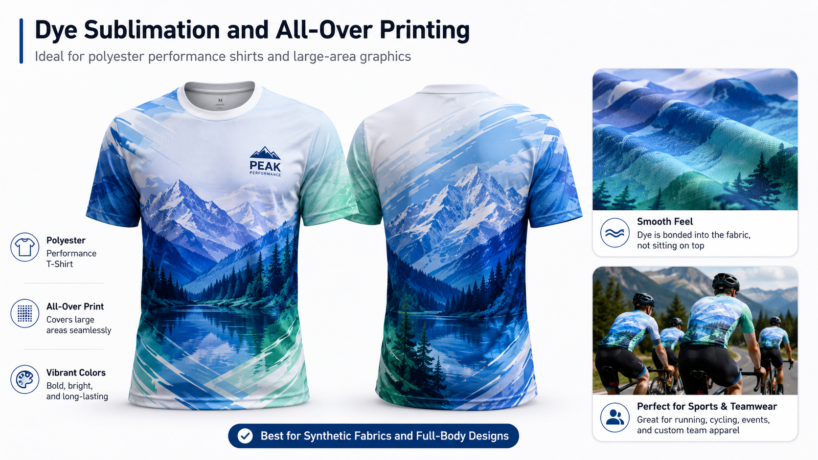 Dye sublimation printing on polyester sports T-shirts with vibrant all-over graphics for teamwear