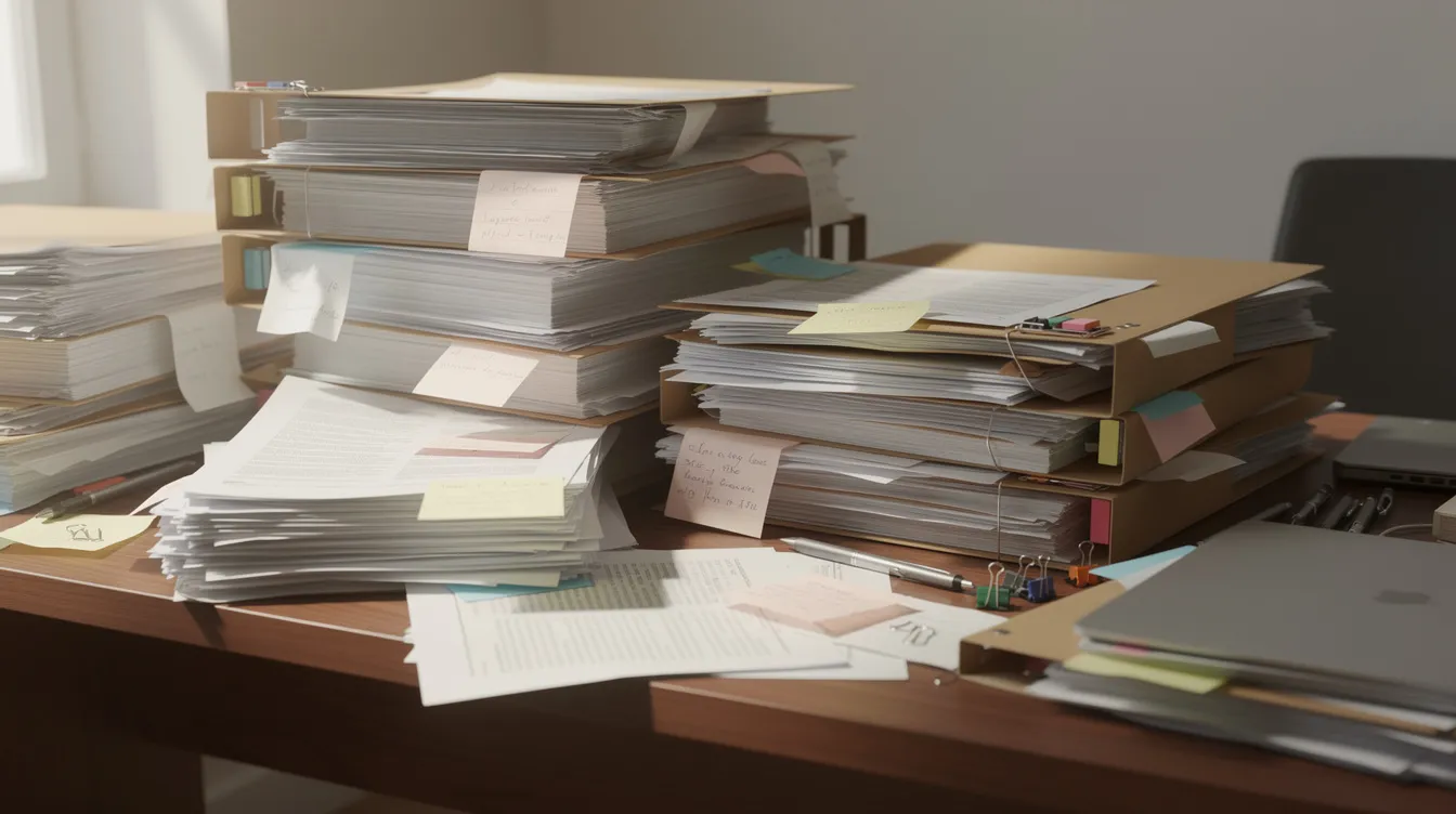 L'immagine mostra una scrivania ingombra di pile di documenti e pratiche cartacee, tra cui la documentazione antimafia necessaria per la verifica dei fornitori nella pubblica amministrazione. Questi documenti sono essenziali per prevenire tentativi di infiltrazione mafiosa negli appalti pubblici e garantire il rispetto del codice dei contratti pubblici.