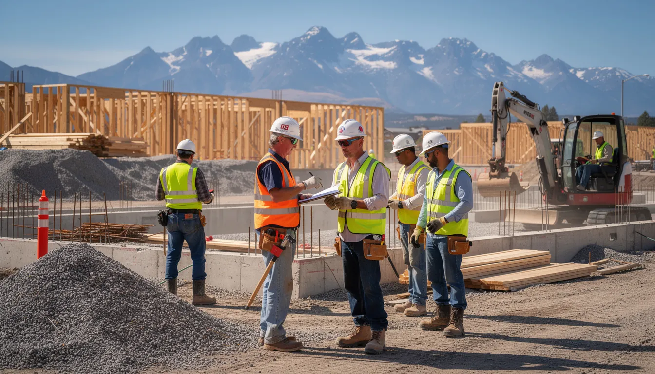 The image depicts a group of construction workers on a job site in Colorado, actively engaged in their tasks while wearing safety gear. This scene illustrates the importance of workplace safety and workers compensation, as these employees are at risk for work-related injuries that could lead to filing a workers comp claim for medical treatment and lost wages.