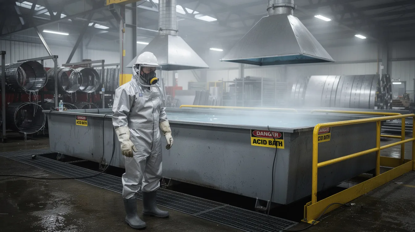 A worker in full protective equipment stands near an industrial acid bath in a metal fabrication shop, focused on the process of removing galvanized coating from a piece of sheet metal. The environment is filled with safety equipment to ensure adequate ventilation against toxic fumes from the acid.