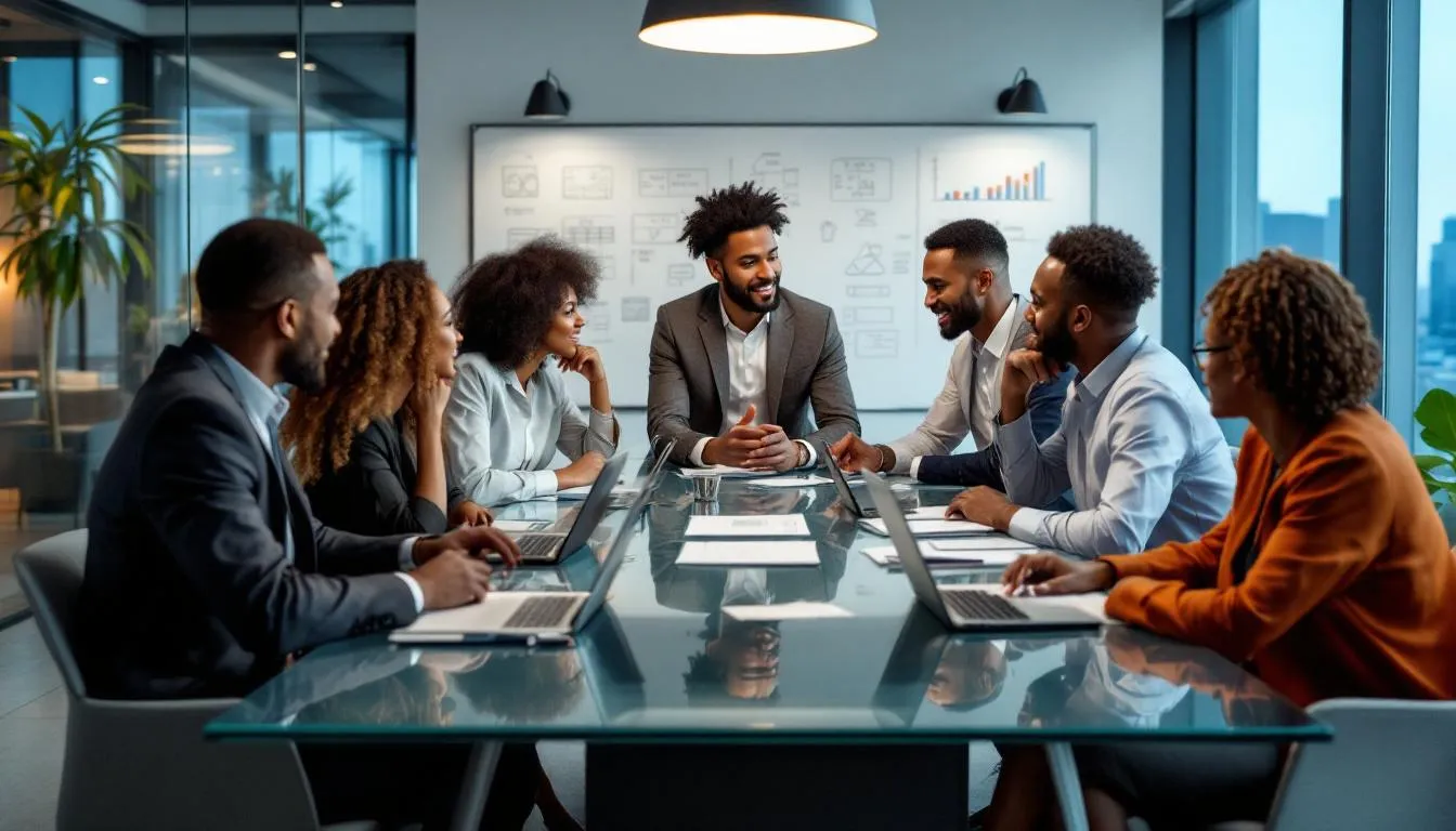 In a modern office environment, a diverse group of business professionals engages in a collaborative discussion, showcasing effective leadership development skills and teamwork. The scene reflects a commitment to creating future leaders through continuous learning and constructive feedback.