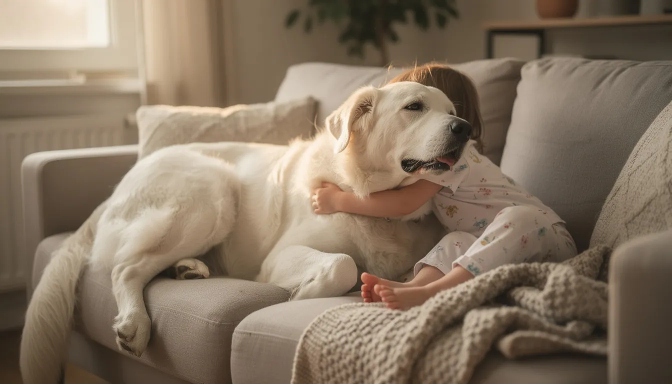 A Kuvasz dog with a thick white coat is gently cuddling with a small child on a cozy couch, showcasing the breed's affectionate nature and strong protective instincts. This heartwarming scene highlights the bond between the spirited Kuvasz and young kids, making them wonderful companions in family life.
